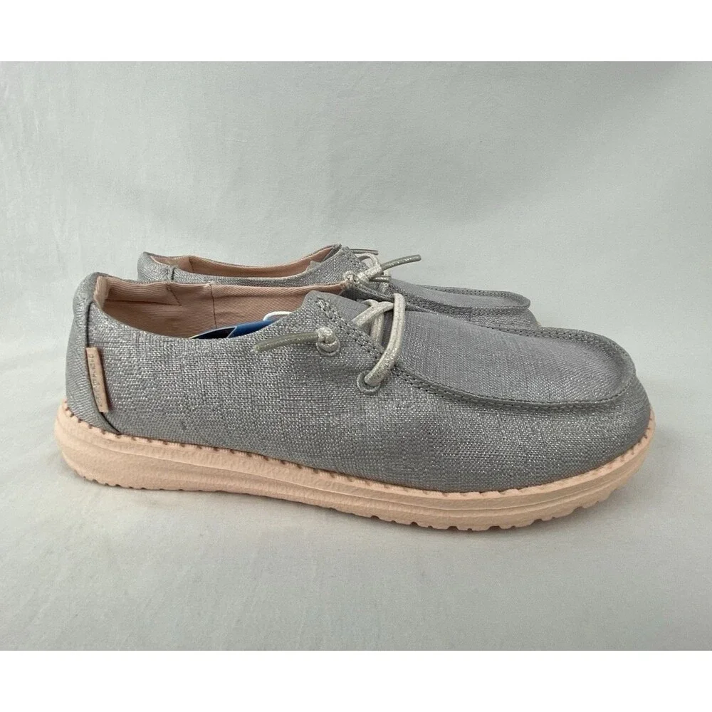 NWT HEY DUDE Shoes Youth Kids Size 3-4 Girls Wendy Sparkling‎ Silver Peach MINT